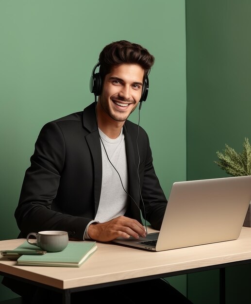 Hombre trabajando en un escritorio con una computadora portátil y auriculares