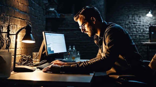 Hombre trabajando en un escritorio con una computadora portátil