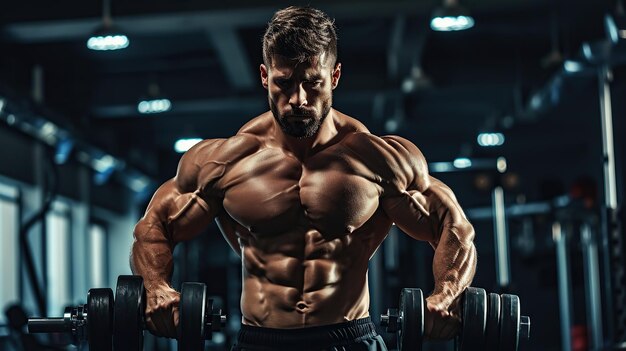 Hombre trabajando en el gimnasio haciendo ejercicios con pesas hombre fuerte buen concepto de salud