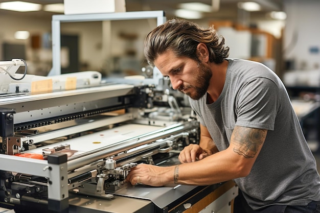 Un hombre trabajando en una gran impresora en una fábrica de máquinas de la industria de la impresión Plotter para grandes impresiones