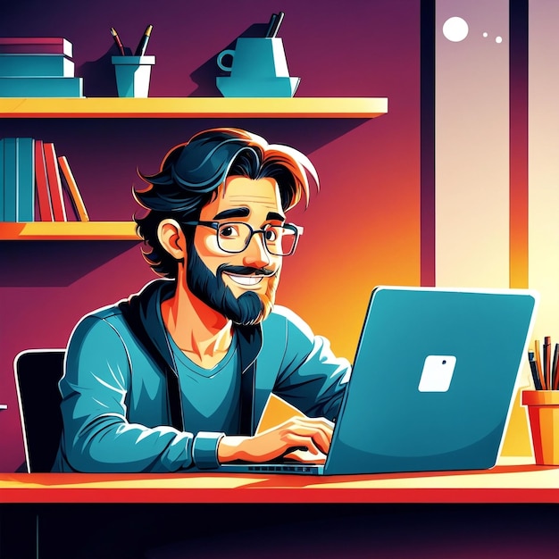 Un hombre trabajando en una ilustración vectorial de dibujos animados para portátil