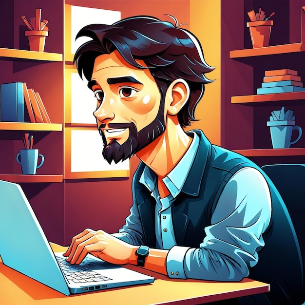 Un hombre trabajando en una ilustración vectorial de dibujos animados para portátil