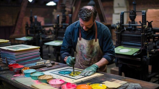 Hombre trabajando en una imprenta con papel y pinturas