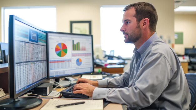 Un hombre trabajando en un informe financiero y analizando datos en una computadora en un cubículo de oficina
