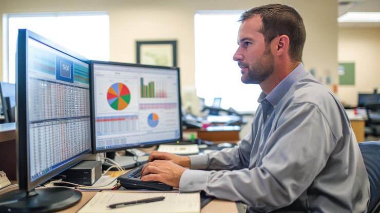 Foto un hombre trabajando en un informe financiero y analizando datos en una computadora en un cubículo de oficina