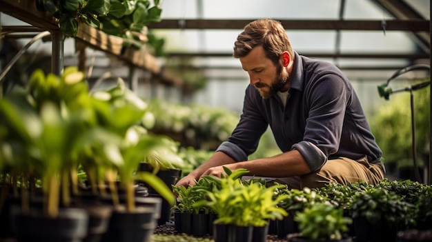 un hombre trabajando en un invernadero con plantas y una barba