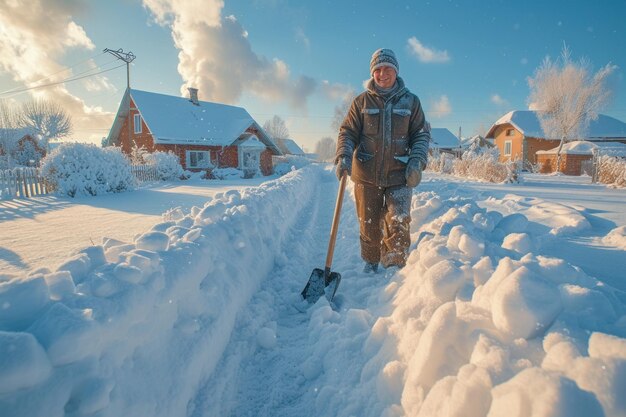 Hombre trabajando limpiando la nieve cerca de la casa