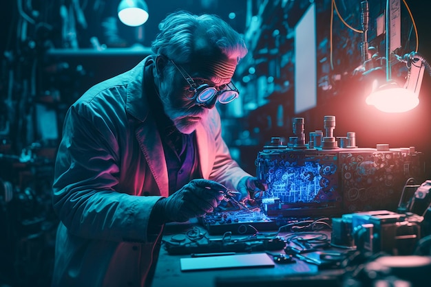 Un hombre trabajando en una máquina con una luz encendida.