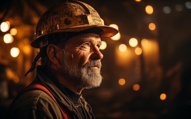Un hombre trabajando en una mina de mineral de hierro de pie frente a la puesta de sol