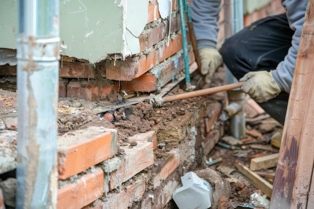 Hombre trabajando en una pared de ladrillos con un martillo