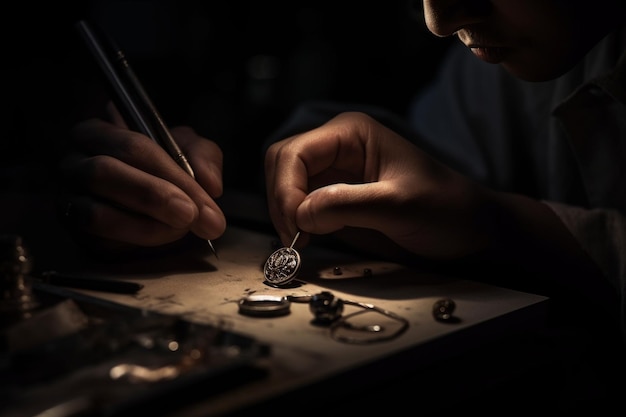 Un hombre trabajando en una pieza de joyería en un cuarto oscuro.