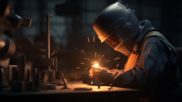 Un hombre trabajando en una pieza de metal con una luz en la cara.