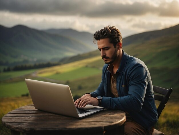 Hombre trabajando remotamente con una computadora portátil contra un paisaje pintoresco