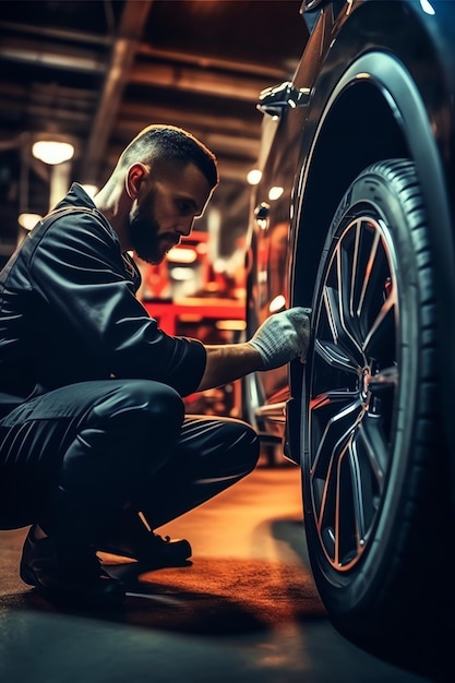 Un hombre trabajando en una rueda de coche