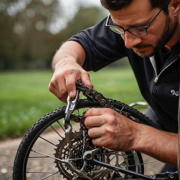 Foto un hombre está trabajando en una rueda con un par de tijeras