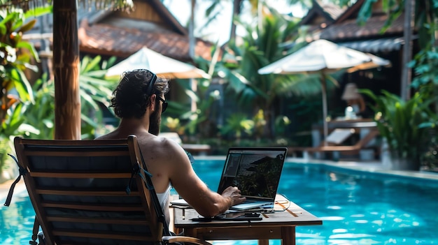 Hombre trabajando en su portátil junto a la piscina en un entorno tropical