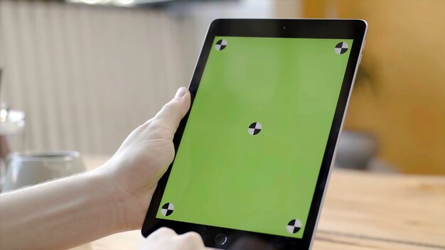 Hombre trabajando con tableta tocando en pantalla verde imágenes de stock de primer plano de manos suaves sosteniendo y