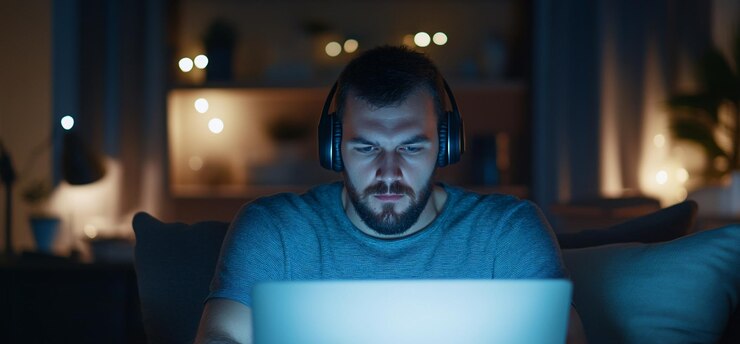 Hombre trabajando tarde en la noche en la computadora portátil