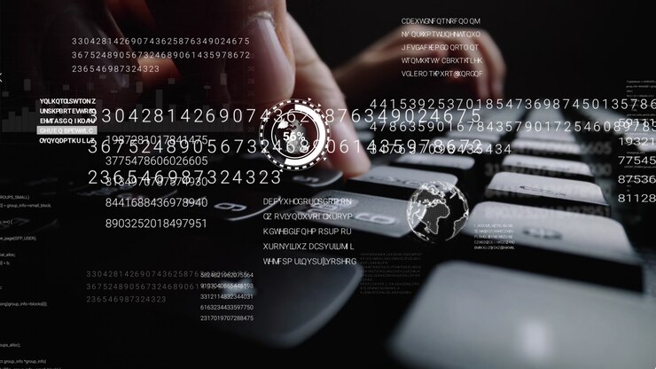 Foto hombre trabajando en el teclado de la computadora portátil con interfaz gráfica de usuario