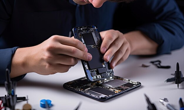 Foto un hombre está trabajando en un teléfono móvil