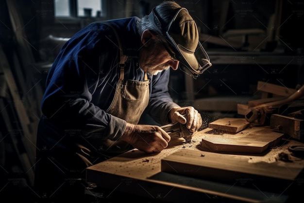 Un hombre trabajando en un trozo de madera.