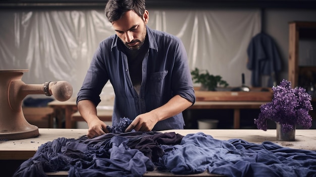 Foto hombre trabajando en un trozo de tela