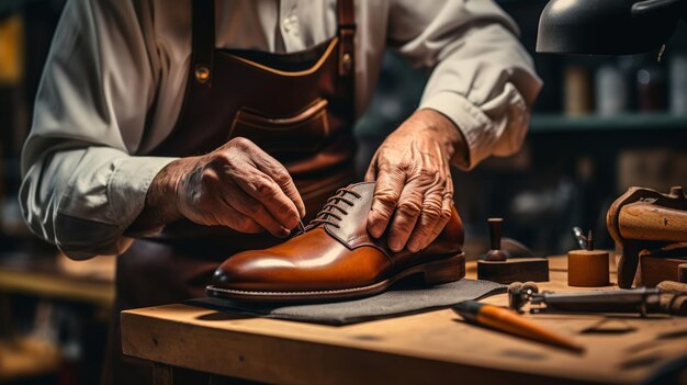 Foto un hombre está trabajando en un zapato que tiene un cortador en él