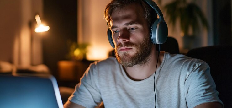 Hombre de trabajo nocturno centrado en la computadora portátil