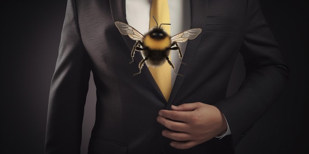 Un hombre de traje con una abeja en la camisa.