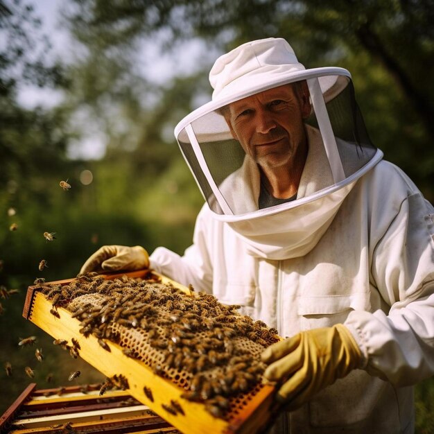 un hombre con un traje de abeja sosteniendo una colmena