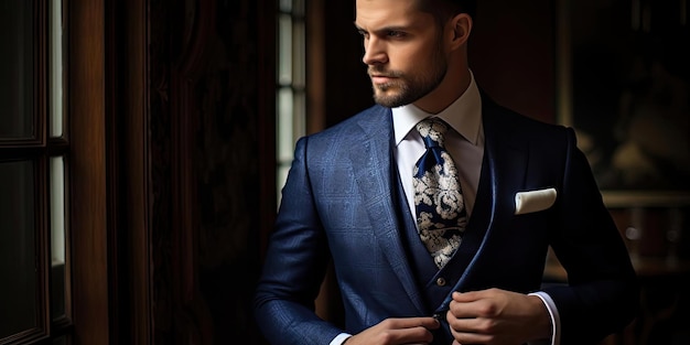 Foto un hombre con traje ajustándose la corbata al estilo de un exquisito detalle de ropa