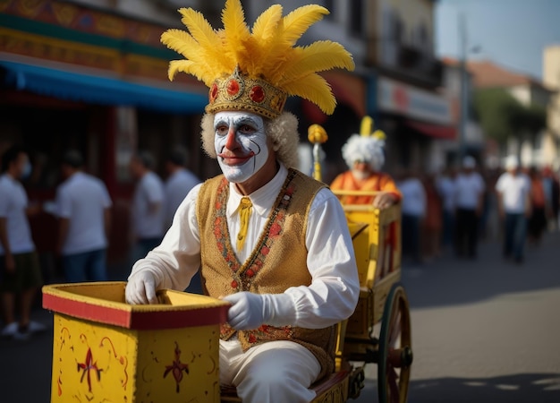 un hombre con un traje amarillo y blanco está tocando un tambor