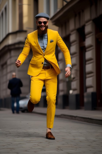 hombre con traje amarillo camina alegre