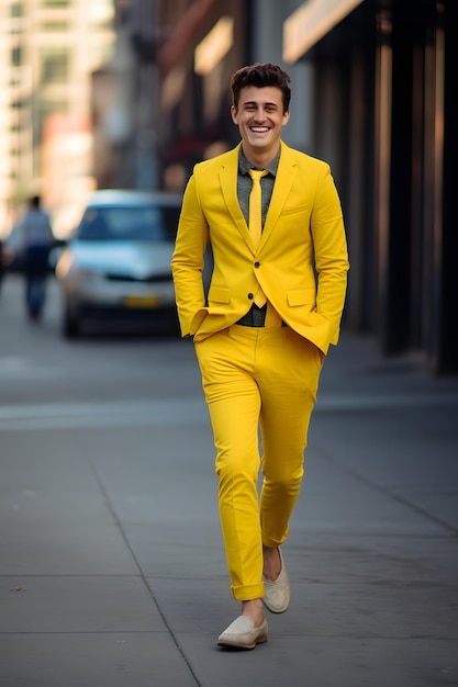 hombre con traje amarillo camina alegre