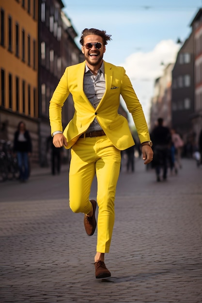 hombre con traje amarillo camina alegre