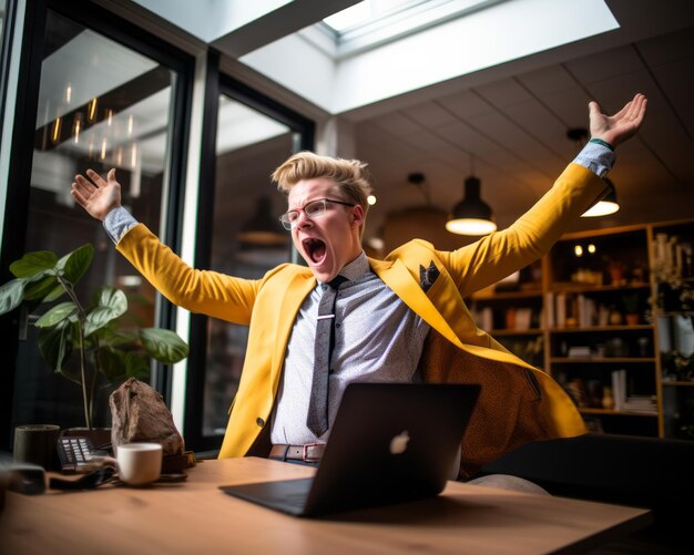 un hombre con traje amarillo y corbata está sentado frente a una computadora portátil