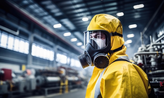 Un hombre con un traje amarillo y una mascara de gas Imagen Premium generada con IA