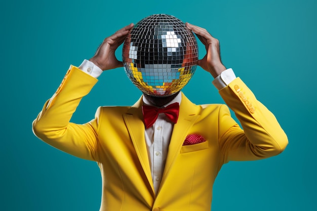 un hombre con un traje amarillo sosteniendo una pelota de discoteca sobre su cara