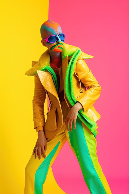 Un hombre con un traje de arcoíris con una chaqueta verde y amarilla y gafas.