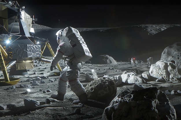 un hombre con un traje de astronauta camina por la luna