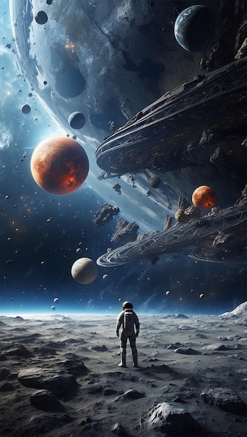 un hombre en un traje de astronauta está de pie en la luna con planetas y planetas