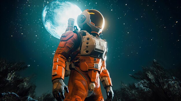 Un hombre con un traje de astronauta naranja se para frente a una luna.