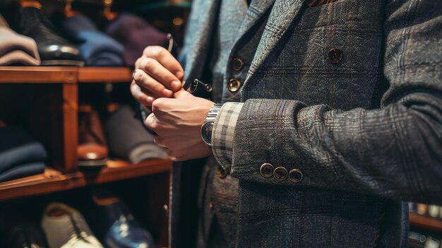 Un hombre en un traje ata su reloj mientras está de pie en una tienda de ropa