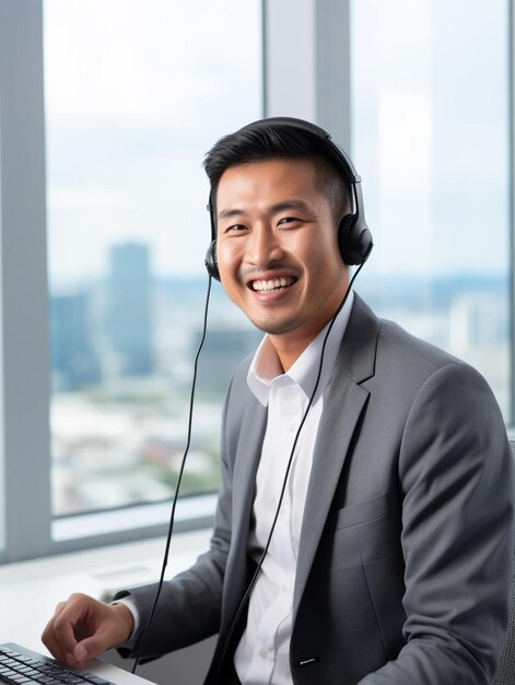 un hombre con un traje y auriculares sentado frente a una computadora