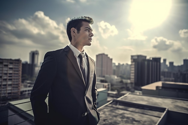 Un hombre con traje se para en una azotea y mira el horizonte de la ciudad.