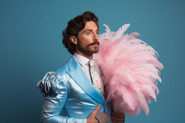 Un hombre con traje azul y boa de plumas rosa.