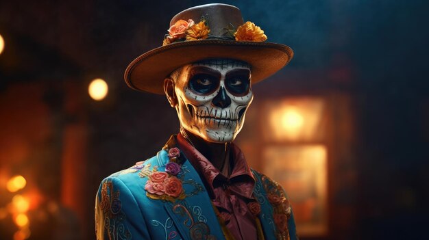 Un hombre con un traje azul con una calavera.