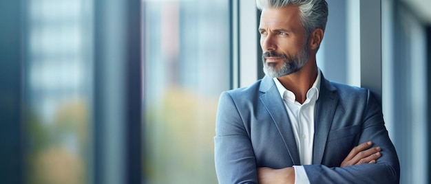 hombre con un traje azul y una camisa blanca de pie frente a una ventana