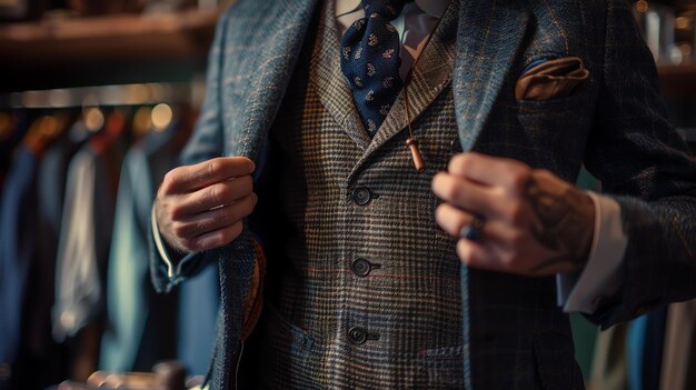 Un hombre con un traje azul y corbata ajusta su chaqueta está de pie en una tienda rodeado de estantes de ropa