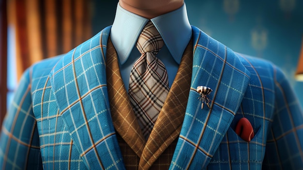 Foto un hombre con un traje azul y corbata el traje tiene una solapa marrón y un bolsillo marrón cuadrado la corbata es un patrón a cuadros marrón y negro